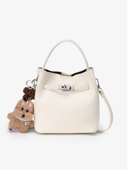 Mellow Pebble Textured Vegan Eco-Leather Bucket Bag with Fluffy Puppy Charm