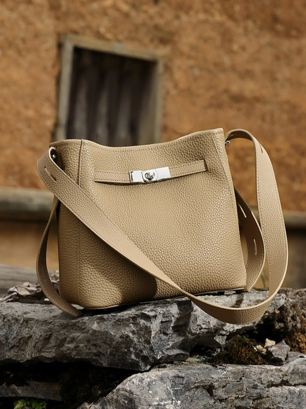 Timeless Genuine Leather Bucket Bag with Polished Double-D Luxury Hardware