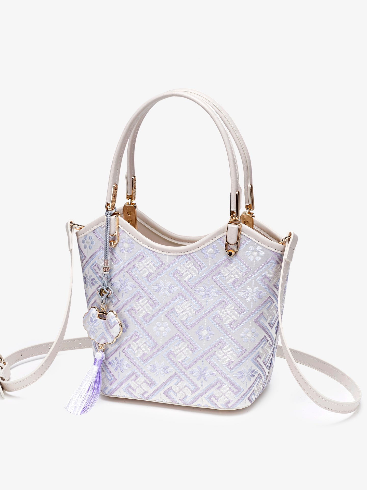 Opulent Brocade Vegan Eco-Leather Bucket Clutch Bag with Tassel Charm