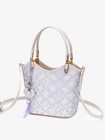 Opulent Brocade Vegan Eco-Leather Bucket Clutch Bag with Tassel Charm