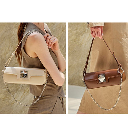 Minimalist Smooth Genuine Leather Silver Buckle Baguette Bag