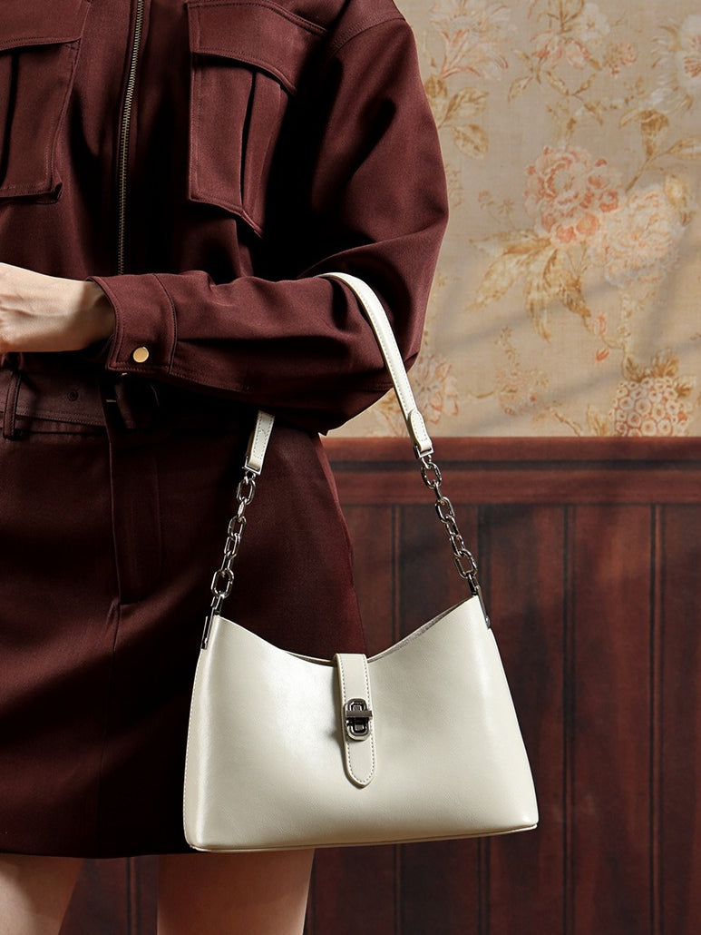 Classic Genuine Leather Underarm Bag with Metal Buckle