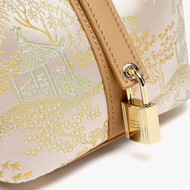 Serene Oriental Garden Genuine Leather Bucket Clutch Bag with Charm