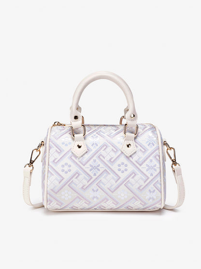 Refined Oriental Brocade Motif Vegan Eco-Leather Boston Clutch Bag
