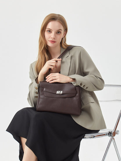 Vintage Lock-Accent Satchel Crossbody Genuine Leather Bag