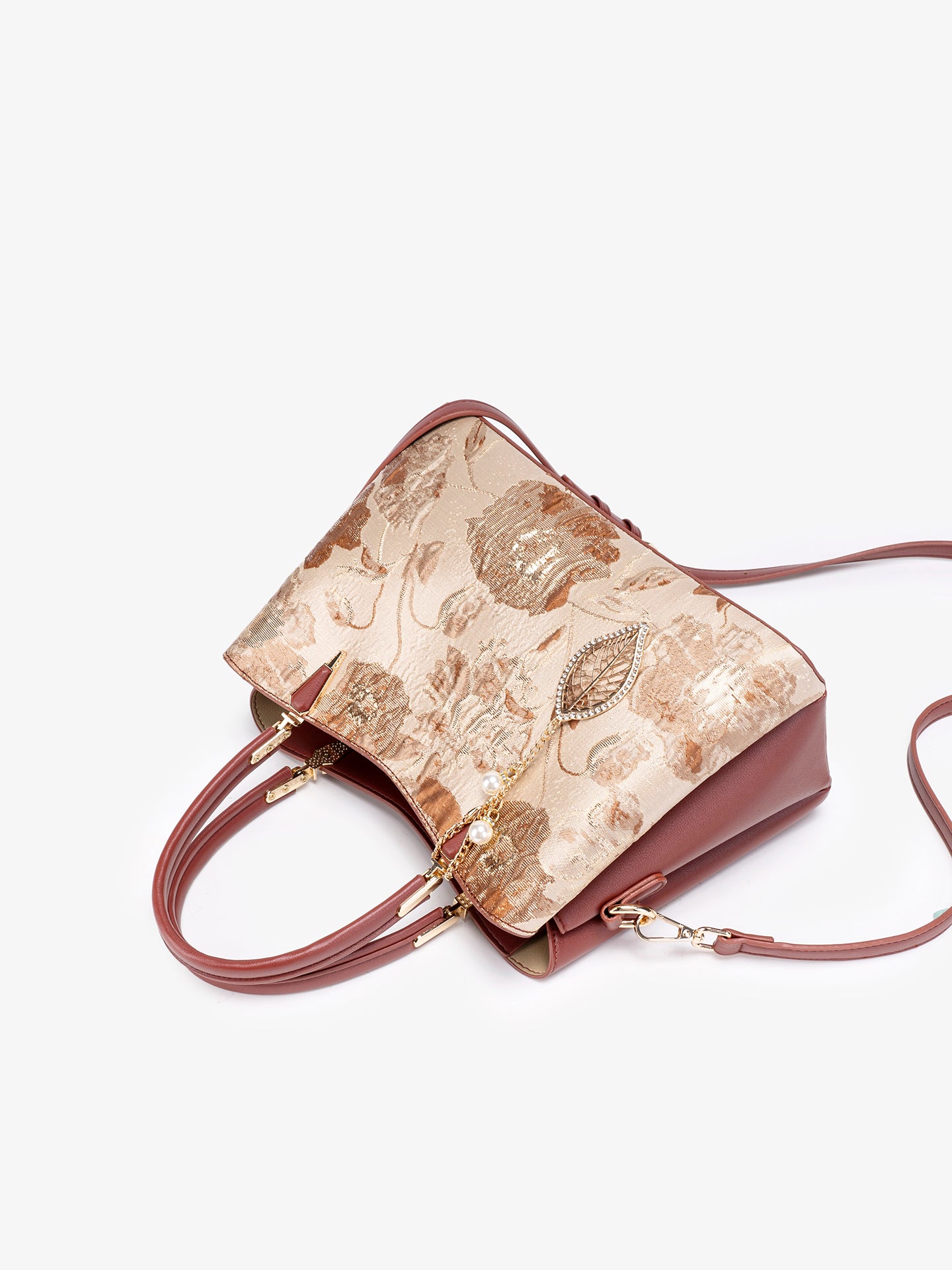 Quiet Luxe Floral Vegan Eco-Leather Clutch Bag with Leaf Charm