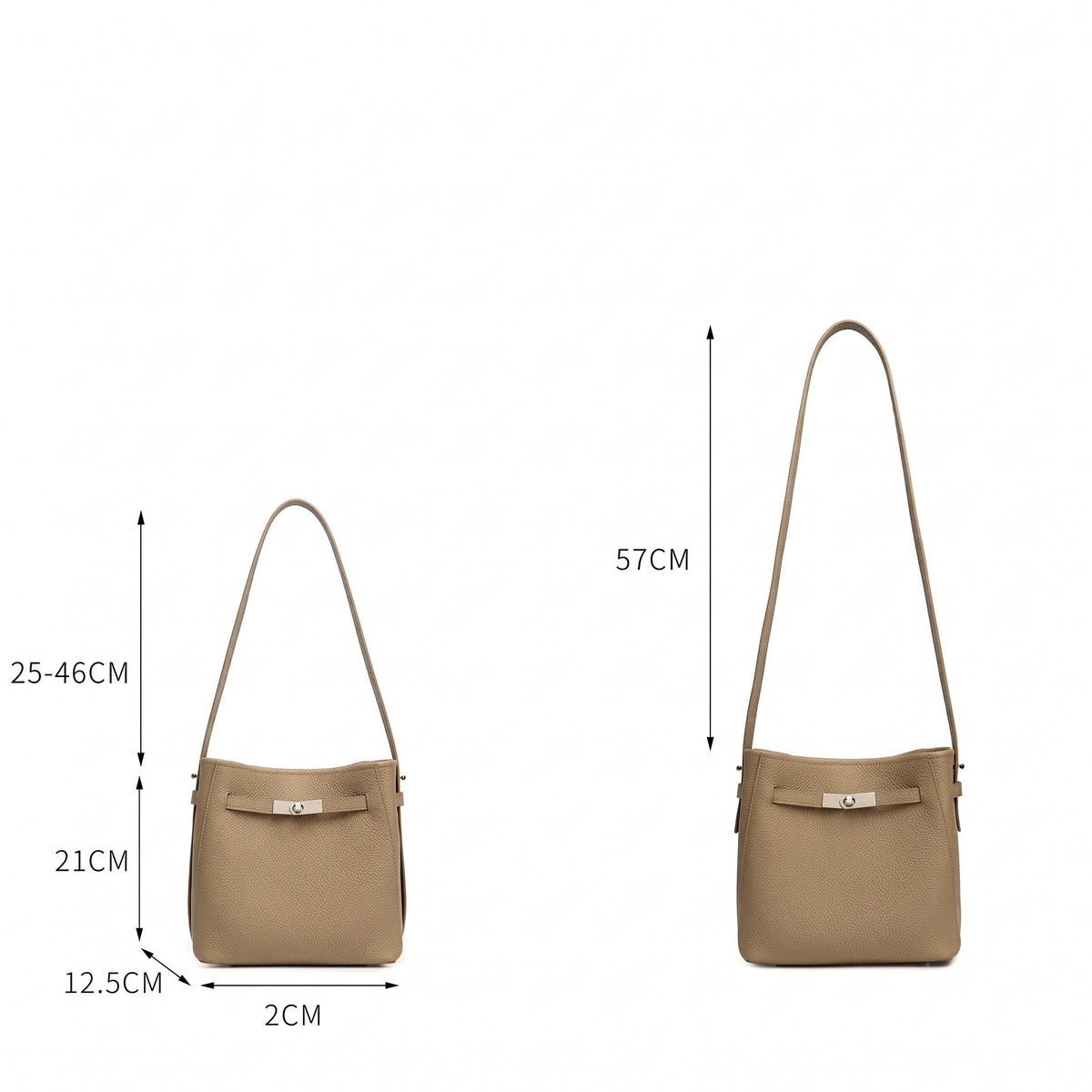 Borsa a secchiello senza tempo in vera pelle con hardware di lusso doppio D lucido