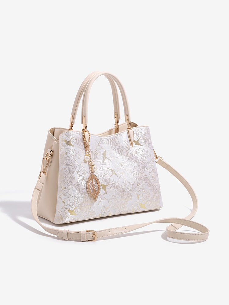 Sophisticated Oriental Jacquard Vegan Eco‑Leather Clutch Bag with Leaf Charm