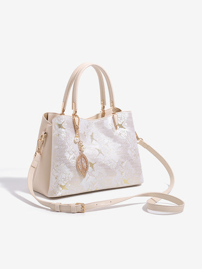 Sophisticated Oriental Jacquard Vegan Eco‑Leather Clutch Bag with Leaf Charm