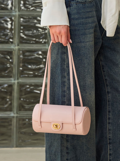 Bolso de mano tipo clutch nostálgico de cuero genuino color caviar, con forma de baguette tubular