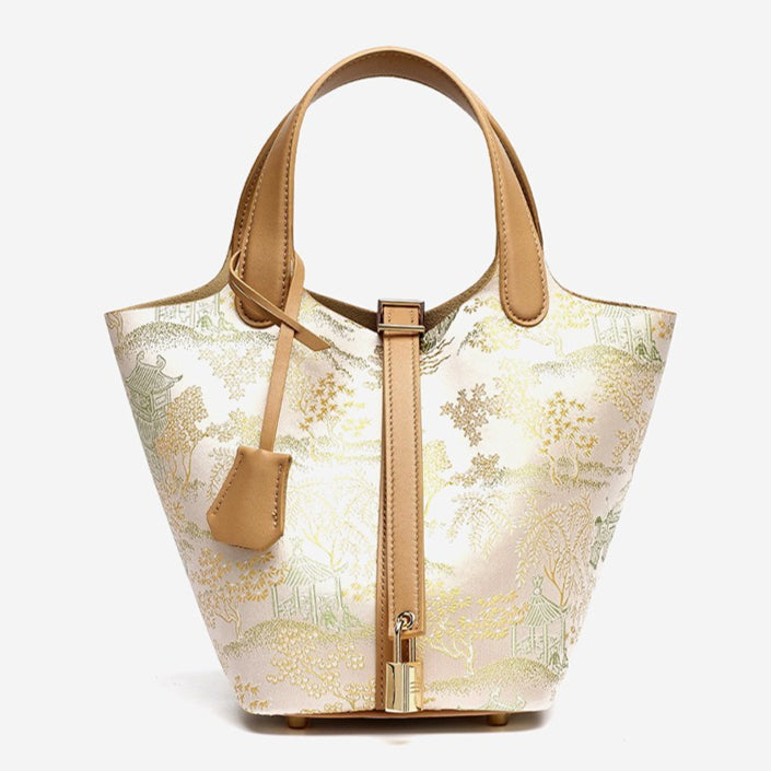Serene Oriental Garden Genuine Leather Bucket Clutch Bag with Charm