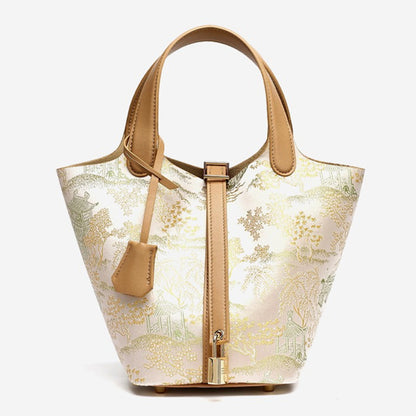 Serene Oriental Garden Genuine Leather Bucket Clutch Bag with Charm