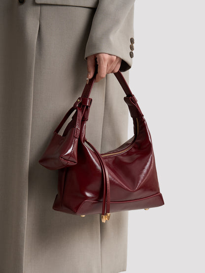 Retro Glossy Vegan Eco-Leather Hobo Bag with Mini Pouch