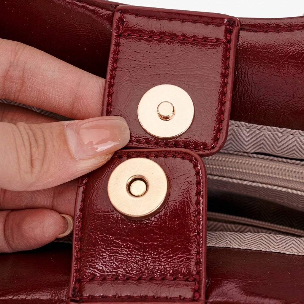 Glossy Croc Vegan Eco-Leather Shoulder Tote Bag With Bear Charm