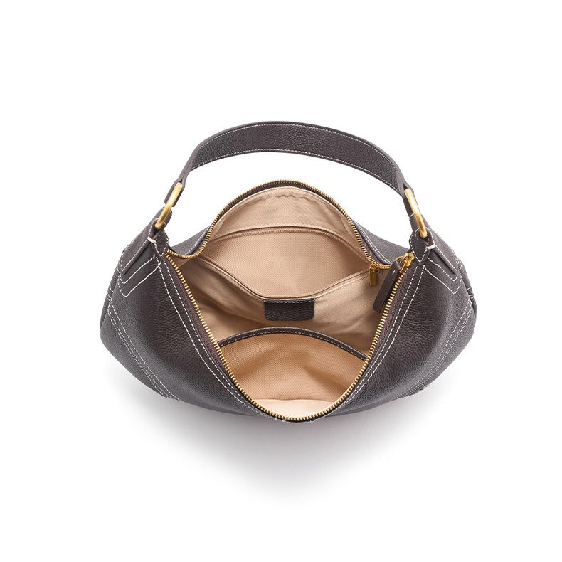 The Pebbled Genuine Leather Hobo Shoulder Bag with Contrast Stitching