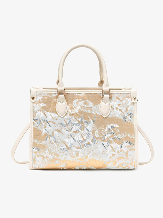Artisanal Crane Motif Vegan Eco-Leather Tote Clutch Bag