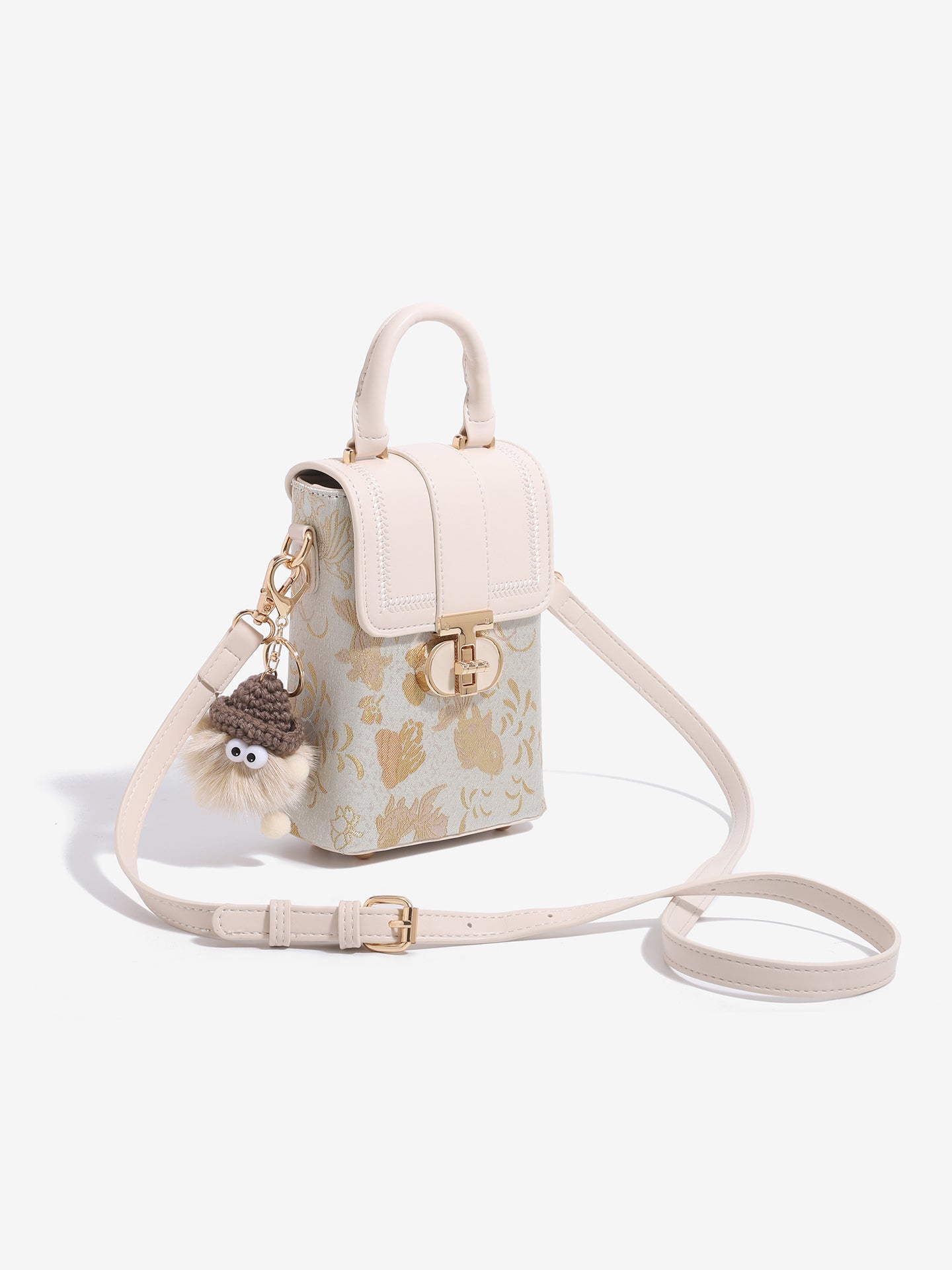 Elegant Oriental Jacquard Mini Flap Phone Clutch Bag with Furry Charm