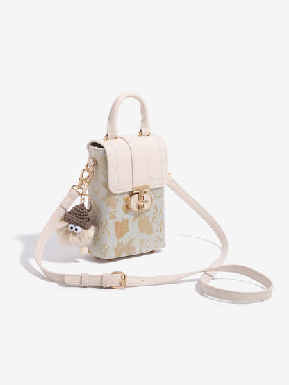 Elegant Oriental Jacquard Mini Flap Phone Clutch Bag with Furry Charm