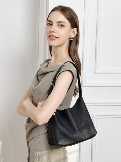Versatile Genuine Leather Hobo Bucket Bag with Adjustable Shoulder Strap