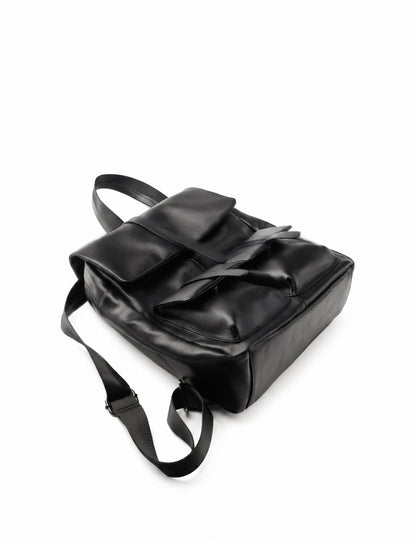 Sac à dos à rabat en cuir véritable grainé grande capacité minimaliste