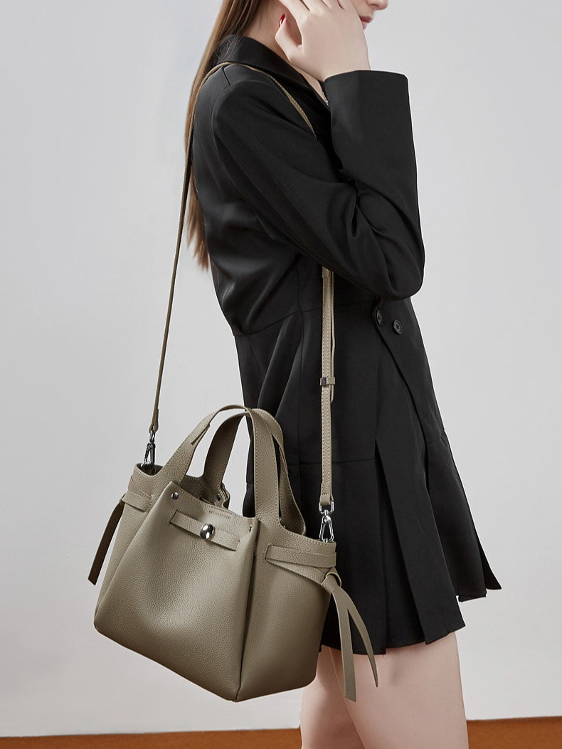 The Pebbled Genuine Leather Mini Bucket Tote Bag with Turn-Lock Closure