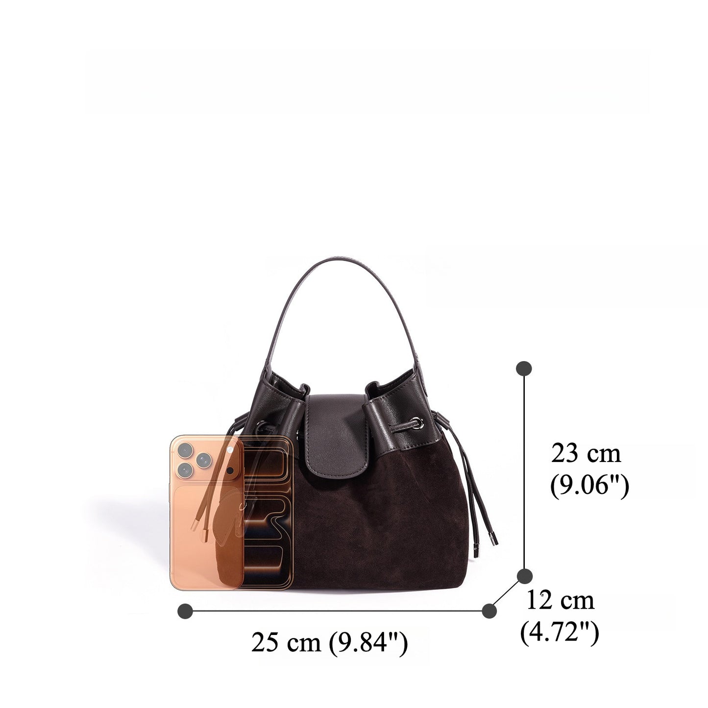 Chic Suede Leather Drawstring Bucket Bag with Horse Charm