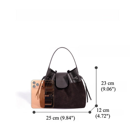 Chic Suede Leather Drawstring Bucket Bag with Horse Charm