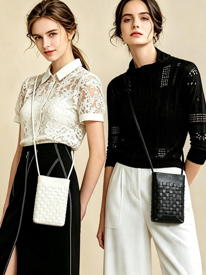 Mini bolso de mano tipo clutch de piel de oveja serena, tejido, para teléfono