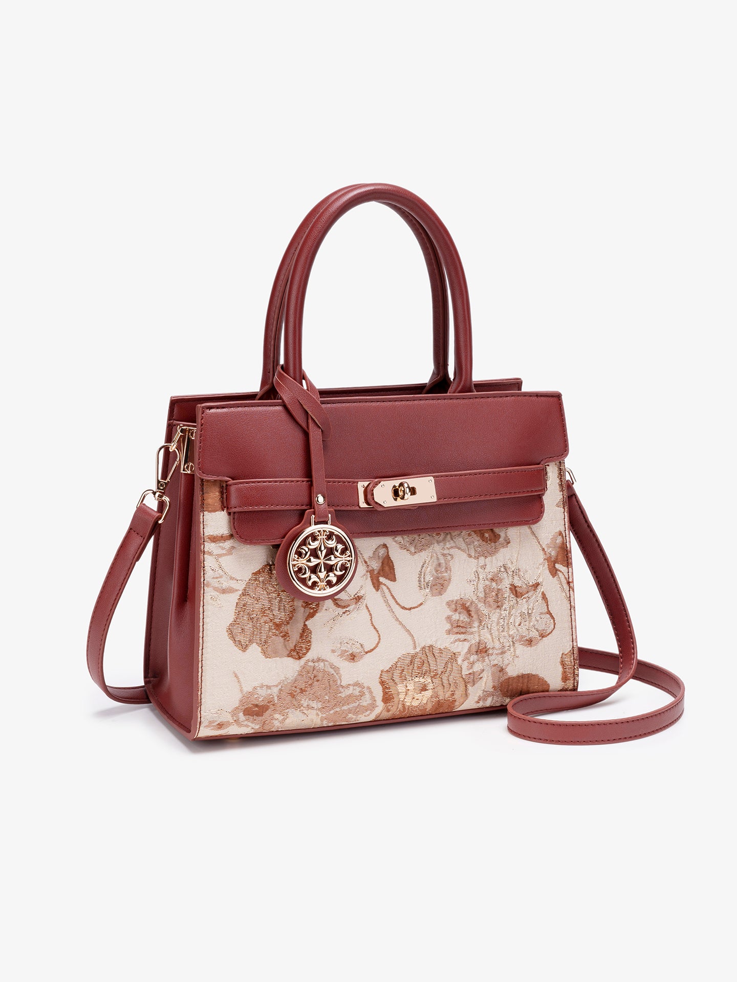 Classic Floral Vegan Eco-Leather Tote Clutch Bag with Metal Ornament Charm