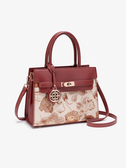 Classic Floral Vegan Eco-Leather Tote Clutch Bag with Metal Ornament Charm