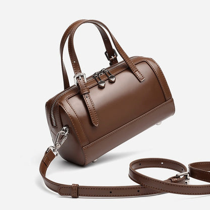 Retro Maillard Genuine Leather Boston Barrel Bag
