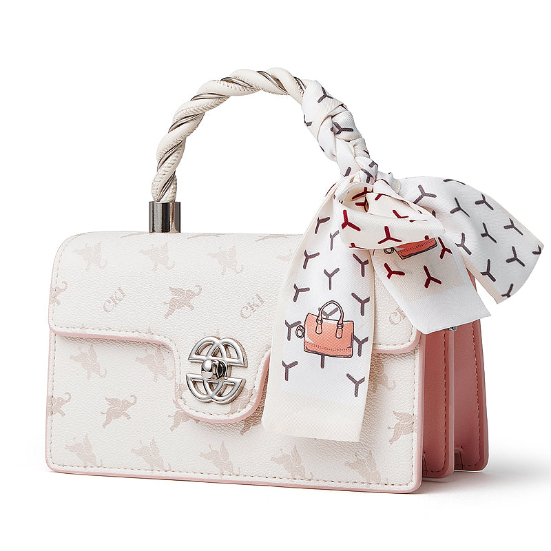 Borsa a spalla a tracolla retrò in vera pelle con decorazione a foulard