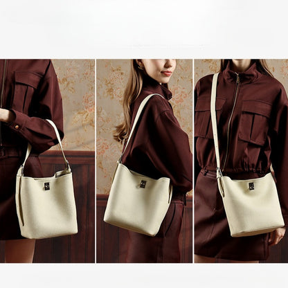 Sculpted Genuine Leather Medium Bucket Bag with Clean Linear Topstitching