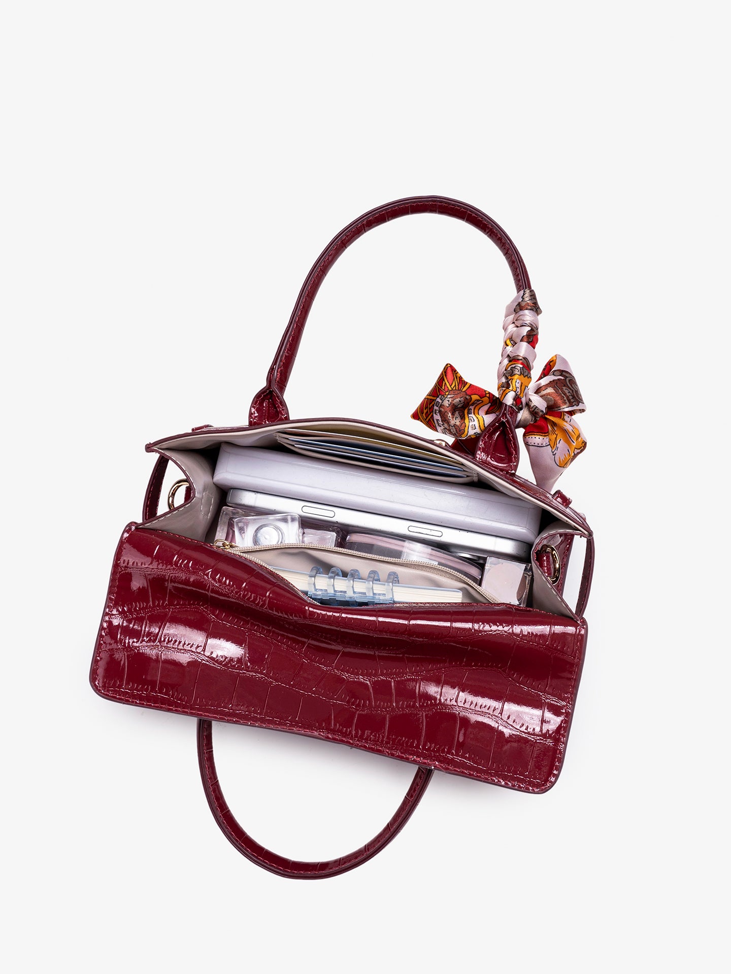 Gentle Glossy Croc Vegan Eco-Leather Satchel Clutch Bag with Silk Scarf Charm