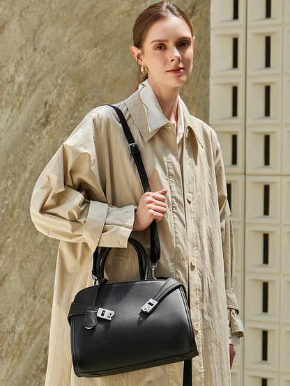 Luxury Retro Genuine Leather Lychee Pattern Double Buckle Tote Crossbody Bag