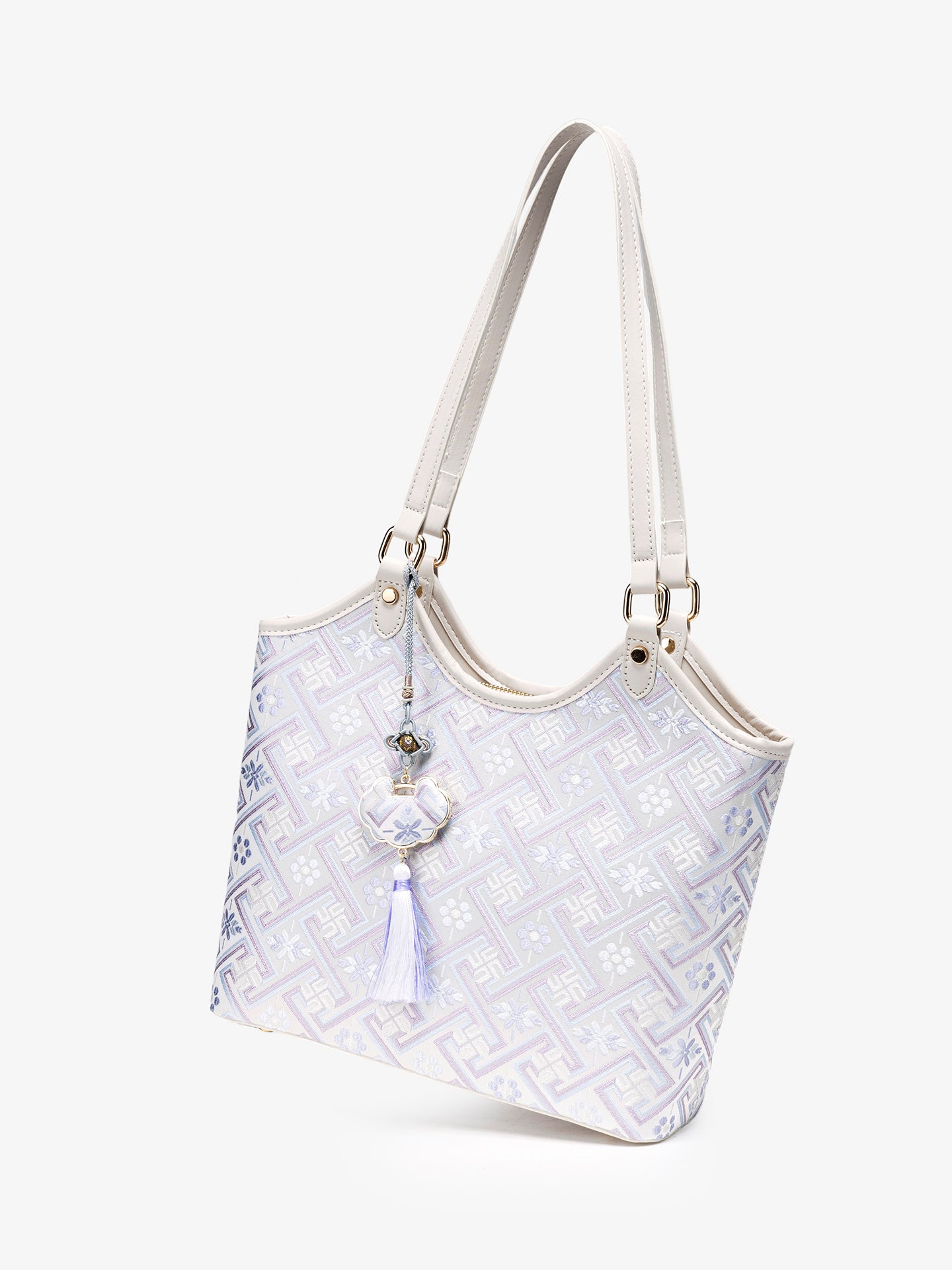 Refined Brocade Vegan Eco-Leather Tote Clutch Bag with Intricate Tassel Charm