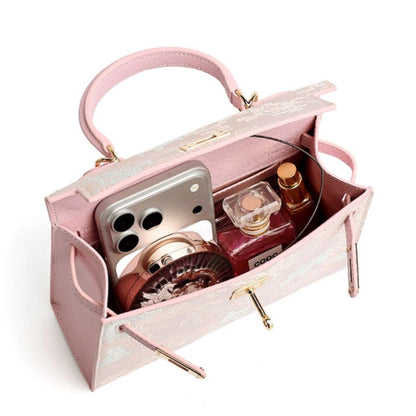Elegant Oriental Brocade Genuine Leather Kelly Clutch Bag with Charm