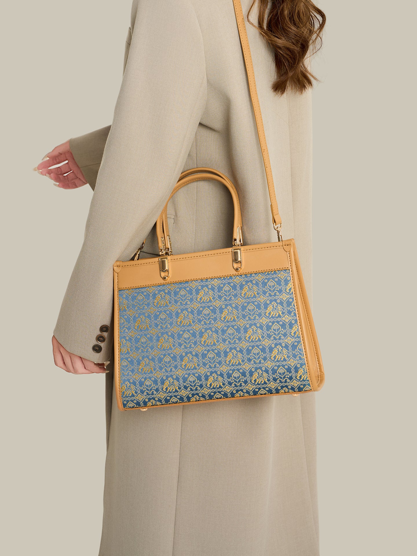 Ornate Geometric Golden Elephant Motif Vegan Eco-Leather Satchel Clutch Bag