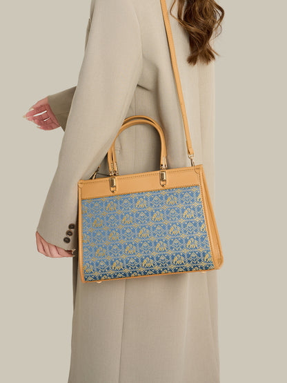 Ornate Geometric Golden Elephant Motif Vegan Eco-Leather Satchel Clutch Bag