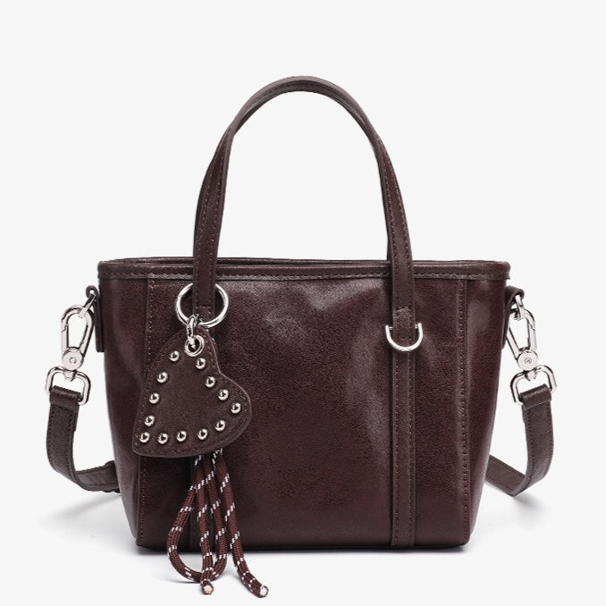 Sculpted Genuine Leather Mini Tote Crossbody Bag with Signature Heart Charm