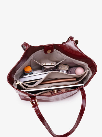 Glossy Croc Vegan Eco-Leather Shoulder Tote Bag With Bear Charm