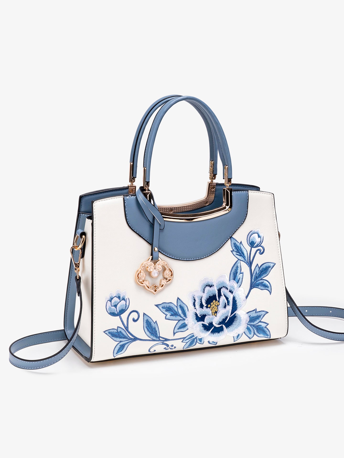 Elegant Peony Embroidered Vegan Eco-Leather Clutch Bag with Charm