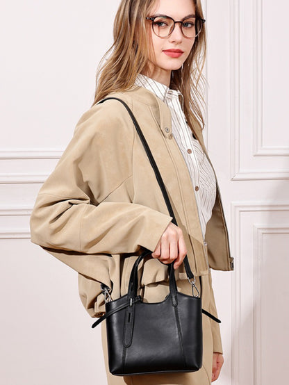 Sleek Genuine Leather Mini Bucket Clutch Bag with Adjustable Straps