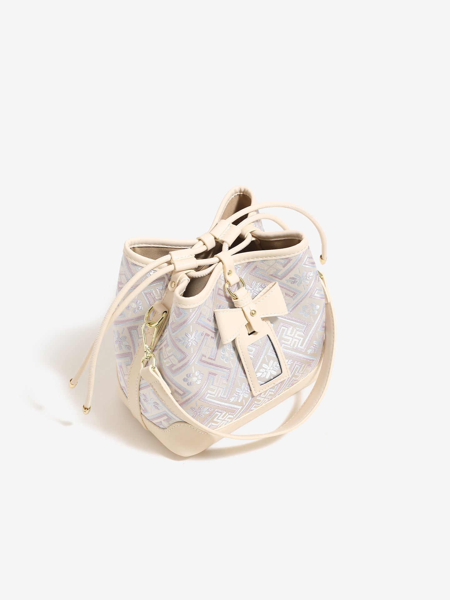 Delicate Geometric Vegan Eco-Leather Petite Bucket Clutch Bag with Bow Knot Charm