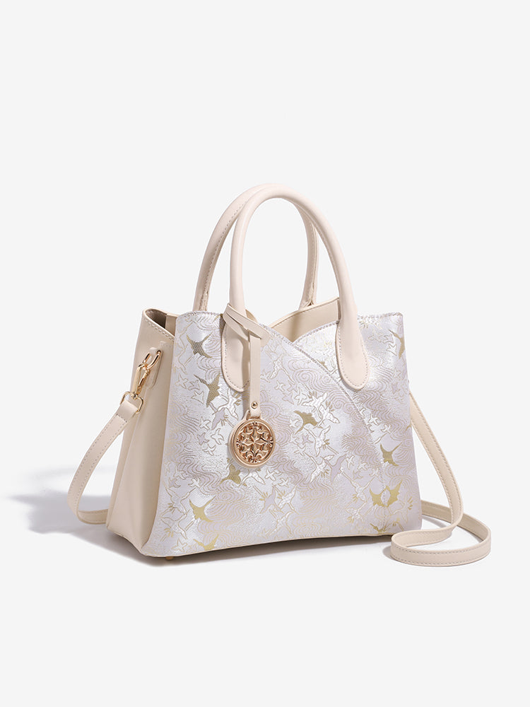 Elegant Flying Crane Motif Vegan Eco-Leather Tote Clutch Bag with Hollow Metal Charm