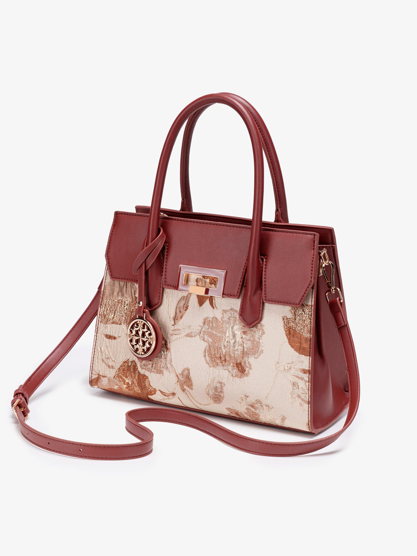 Classic Jacquard Vegan Eco-Leather Satchel Clutch Bag With Metal Charm