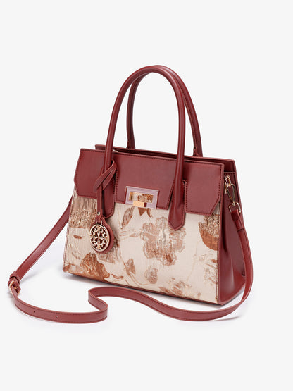Classic Jacquard Vegan Eco-Leather Satchel Clutch Bag With Metal Charm
