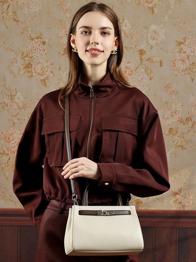 Textured Genuine Leather Kelly Satchel Elegant Crossbody Bag