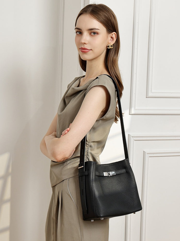 Timeless Genuine Leather Bucket Bag with Polished Double-D Luxury Hardware