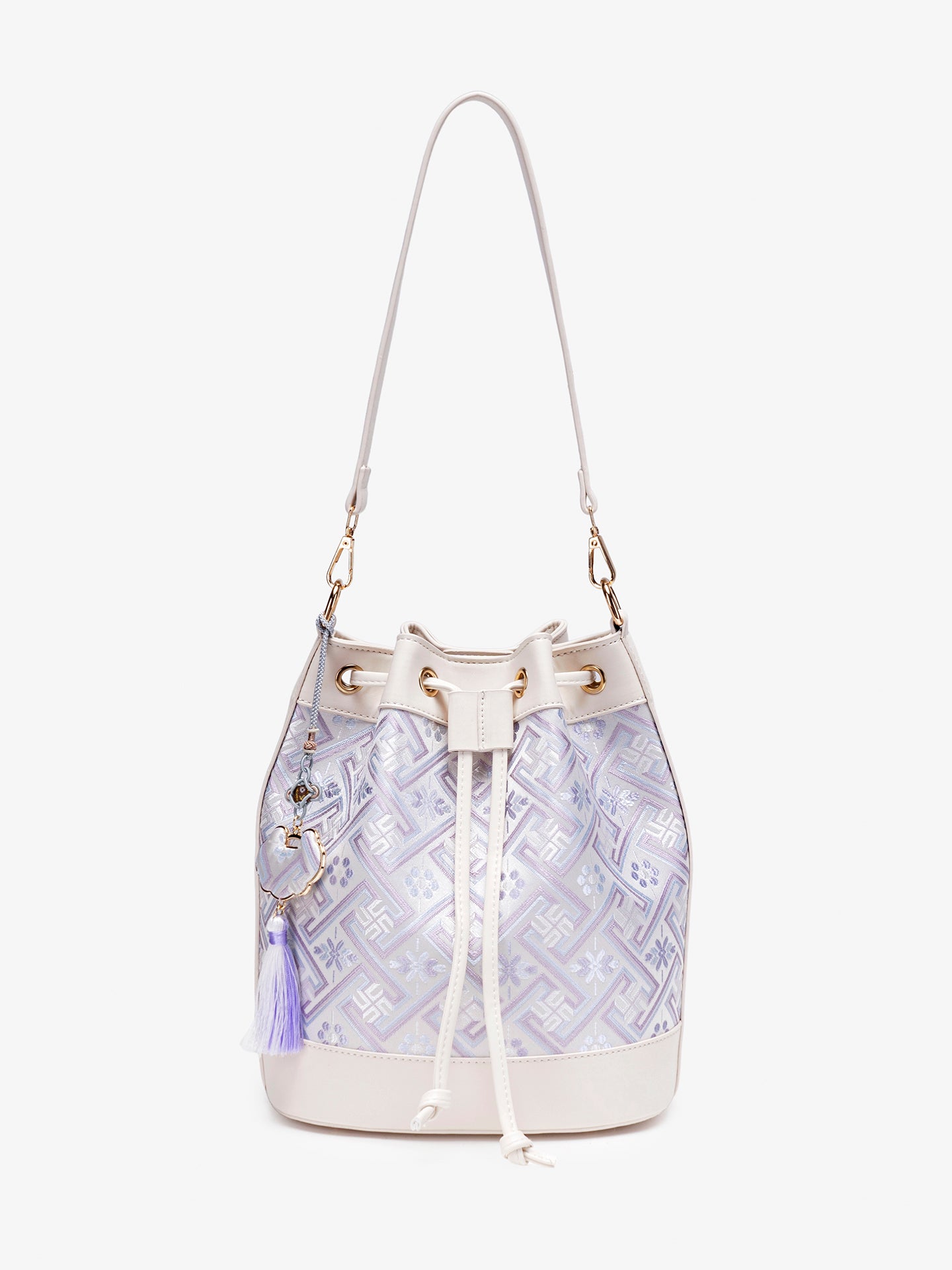 Gentle Oriental Brocade Vegan Eco-Leather Bucket Clutch Bag with Tassel Charm